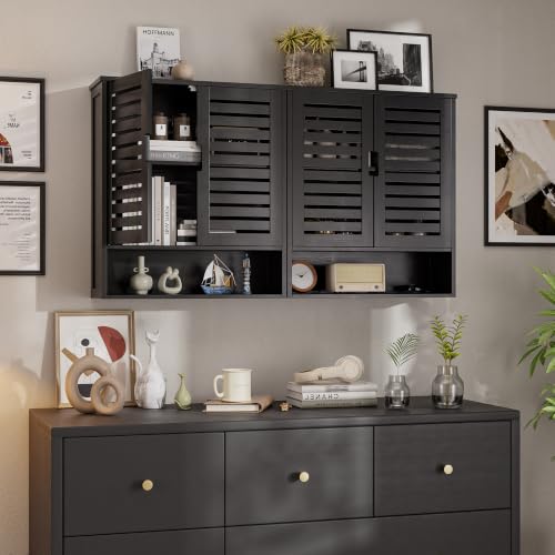 SMIBUY Bathroom Cabinet Wall Mounted, Bamboo Over-The-Toilet Storage Organizer, Space Saver Medicine Cabinet with 2 Door and Adjustable Shelves (Black) - color: Black