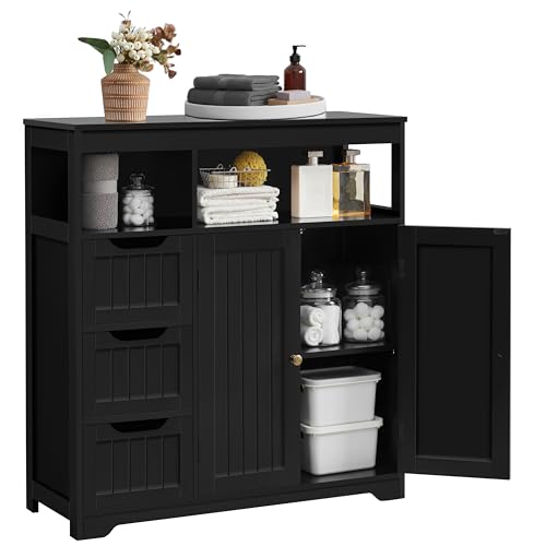Yaheetech Small Bathroom Storage Cabinet with 3 Drawers & 2 Doors, Black | Bathroom Organizer for Towels, Adjustable Shelf & 2 Open Compartments, Fits Laundry & Living Rooms, Slim MDF Floor Cabinet - color: Black, style: 2 Doors + 3 Drawers + 2 Open Compa