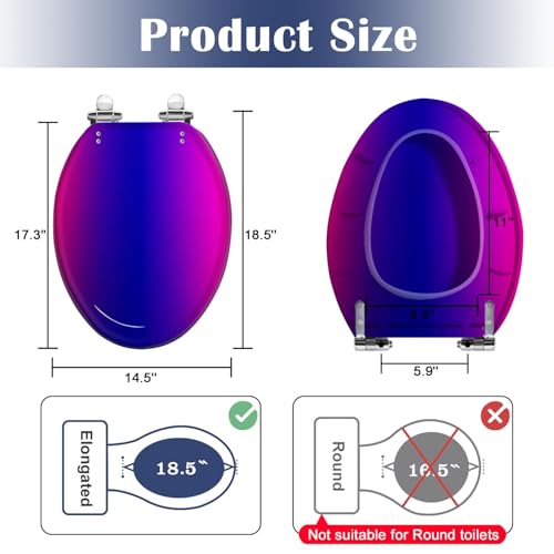 Elongated Toilet Seat Purple pink Resin Toilet Seat Slow Quiet Close with Quick-Release Hinges Toilet Seat with Cover Easy to Clean Install - color: Multi8, size: 19.5"x14.5"