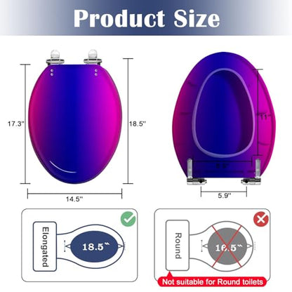 Elongated Toilet Seat Purple pink Resin Toilet Seat Slow Quiet Close with Quick-Release Hinges Toilet Seat with Cover Easy to Clean Install - color: Multi8, size: 19.5"x14.5"