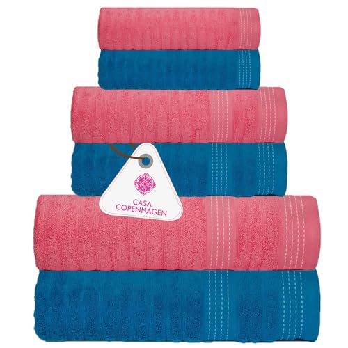 CASA COPENHAGEN Elegance 6Pcs 100% Egyptian Cotton Large Designer Towels Gift Set- Cyan-Pink, 550GSM, 2Bath 2Hand 2Washcloths, Bath Towels for Bathroom Set for Women & Men - color: Elegance 6pcs Towel Set Cyan-pink, size: 6Pcs Towel Set
