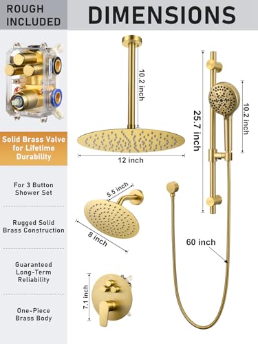 Woindo Shower Faucet Set with Slide Bar, 12" Rain Shower Head/8'' Side Shower Head and 10 Setting Handheld Ceiling Mount 3 Push Button Diverter Complete Rainfall Shower System Included Valve Trim Kit - color: Brushed Gold, style: 12"-R-Ceiling-02