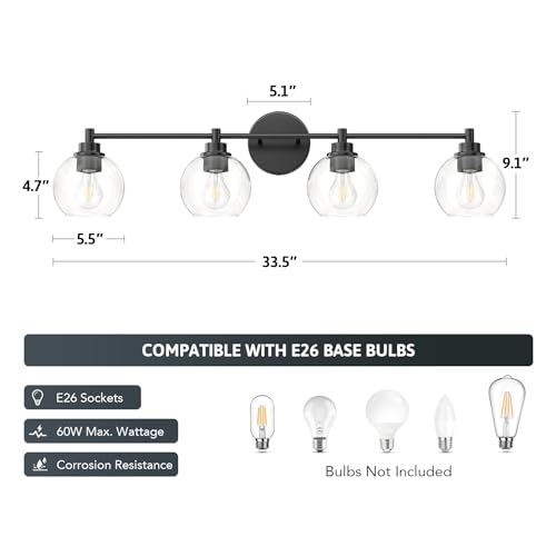 VONLUCE 4 Light Bathroom Vanity Light Fixtures, Black Finish | Globe Glass Shades, E26 Sockets, Easy to install, Vanity Lights for Bedroom Hallway Living Room - color: Black, size: 4-Light