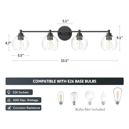 VONLUCE 4 Light Bathroom Vanity Light Fixtures, Black Finish | Globe Glass Shades, E26 Sockets, Easy to install, Vanity Lights for Bedroom Hallway Living Room - color: Black, size: 4-Light