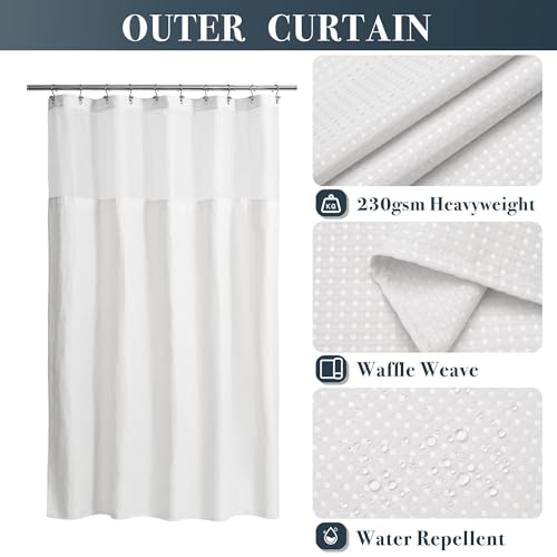 N&Y HOME 54 x 72 Waffle Weave Shower Curtain with Snap-in Liner Set White | 12 Metal Hooks Included, Snap on/off Fabric Liner, Hotel Style & Mesh Top Window, Machine Washable, 54x72 Shower Stall Size - color: White, size: 54"W x 72"L (Pack of 1)