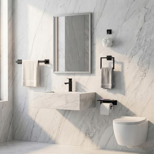 Tudoccy 5-Pieces Matte Black Bathroom Accessories Set, Bathroom Hardware Set SUS304 Stainless Steel Rustproof Wall Mounted - Includes 16" Hand Towel Bar, Toilet Paper Holder with Shelf, Towel Hooks | Rustproof Wall-mounted Hand Towel Bar, Roilet Paper Hol