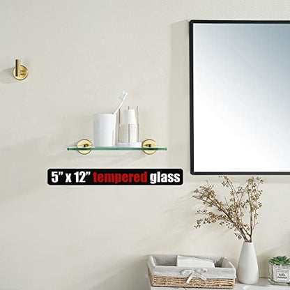 JQK Bathroom Glass Shelf Gold, Tempered Glass Shower Storage 12 by 5 inches, 304 Stainless Steel Brushed Gold Wall Mount 2 Pack, TGS101L12-BG-P2 - color: Gold, size: 12 Inch (2 Pack)