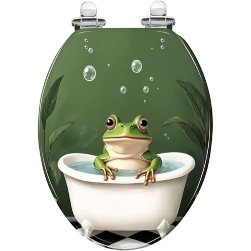 Elongated Resin Toilet Seat, Quietly Close Quick Release Hinges Cover | Toilet Lid Cover Easy to Clean and Install, Funny Cute Frog Cool Animal Green Plant Leaves Tropical Heavy Duty Toilet Seat - color: pattern5, size: V-shape