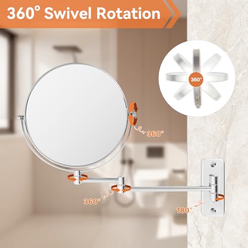 8 inch Wall Mounted Makeup Mirror, 1X/10X Magnifying Double-Sided Wall Mount Shaving Mirror (Close-Up 10X) with Extendable Arm, 360° Swivel for Bathroom Vanity, Chrome (No Light) - color: Chrome
