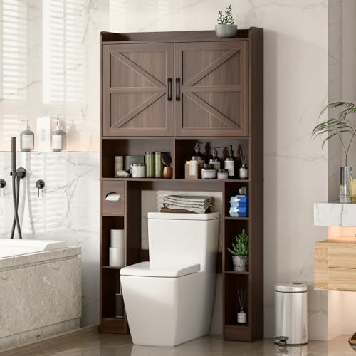 Vabches Over The Toilet Storage Cabinet with Barn Doors, Espresso | Toilet Cabinet Rack, Space Saving Bathroom Organizer with Shelves, Toilet Paper Holder and Towel Rack for Bathroom,Laundry. - color: Espresso