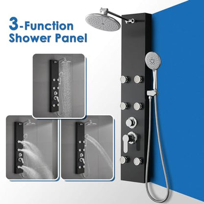 ROVOGO Shower Panel Tower System With Height Adjustable Shower Head, Black | Self-Cleaning Rain Shower and Handheld, 6 Body Jets, Brass Shower Arm and Valves, Stainless Steel Shower Column 43.3 inch - color: Black Panel+Chrome Fixtures