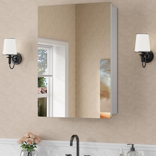 20 x 28 Recessed Medicine Cabinet with Mirror for Bathroom, Silver | Wall Mounted Cabinet for Storage, Adjustable Glass Shelves, Soft-close DTC Hinges, HD Reflection, Pre-assembled, Aluminum - color: Silver, size: 20x28