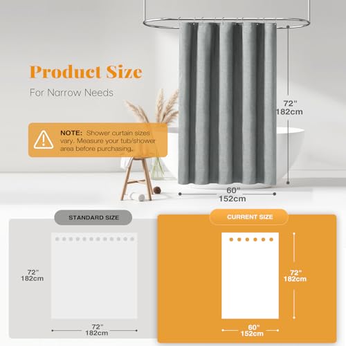 BTTN 60x72 Linen Textured Waterproof Fabric Shower Curtain Set, Grey/Gray | Narrow Size, 230GSM Polyester, Heavy Duty Cloth, Weighted Hem, 10 Plastic Hooks, Modern Luxury Hotel Style, Machine Washable - color: Grey, size: 60"W x 72"L (Pack of 1)