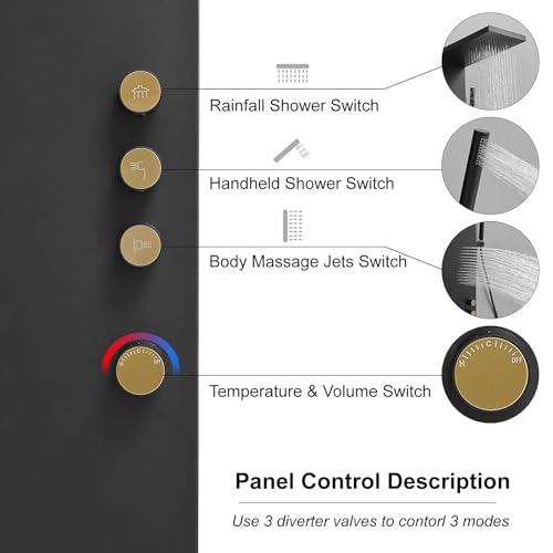 Shower Panel Tower System 3-Functions Wall Mount Black | Stainless Steel,Square Rainfall Shower Head,Massage Body Jets and Handheld,Contrast Gold Control Knobs,Modern Minimalist - color: Matte Black, style: Shower Panel-Standard