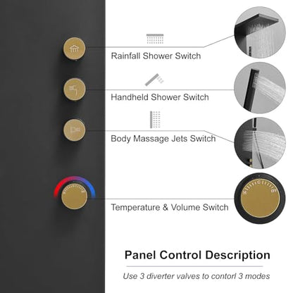 Shower Panel Tower System 3-Functions Wall Mount Black | Stainless Steel,Square Rainfall Shower Head,Massage Body Jets and Handheld,Contrast Gold Control Knobs,Modern Minimalist - color: Matte Black, style: Shower Panel-Standard