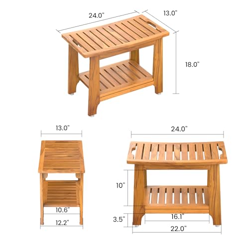NNN 24" Home Teak Shower Bench with Japan-Made Non-Slip Leveling Feet | US Patented Design, Marine-Grade Hardware, Pre-Oiled European Teak Oil, Ready, 300lb, for Showers Spa Sauna & Outdoor Pools - size: 24"W x 13" Dx 18"H