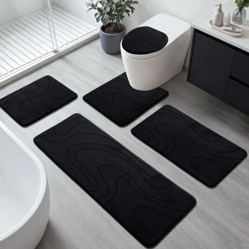 Bathroom Rugs Sets 5 Piece - Thick Memory Foam Bath Mat, Black | Ultra Soft, Extra Thick, Super Absorbent, Non Slip, Machine Washable, For Bathroom Floor & Tub, 5 Pieces - color: Black, size: 1'8" x 3'10" (5 Pieces)