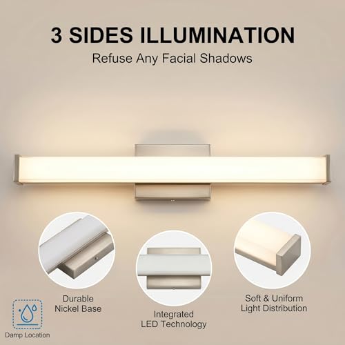 URSOLA 24" Modern LED Bathroom Light Fixtures, Brushed Nickel 3CCT Dimmable Bathroom Vanity Light Over Mirror, Bathroom Vanity Bath Bar Lights with Double Layer Acrylic Shade - color: Brushed Nickel, size: 24inch