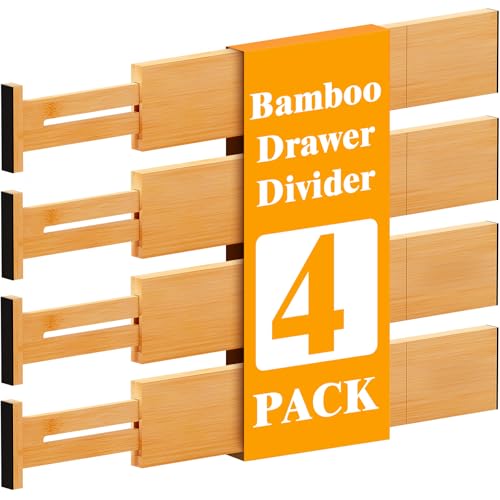 Bamboo Drawer Dividers, 12-21 Inch Kitchen Adjustable Drawer Organizers | Expandable Dresser Separators for Clothes, Ideal for Kitchen, Bathroom, Vanity, Office Organization and Storage, 4-Pack - color: Bamboo-4 Pack