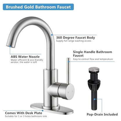 Brushed Nickel Bathroom Faucet - Single Hole Waterfall Bathroom Sink Faucet with Drain Assembly, 360° Swivel Spout Vanity Faucet Single Handle Lavatory Sink Faucet - color: Brushed Nickel