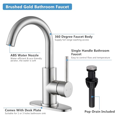 Brushed Nickel Bathroom Faucet - Single Hole Waterfall Bathroom Sink Faucet with Drain Assembly, 360° Swivel Spout Vanity Faucet Single Handle Lavatory Sink Faucet - color: Brushed Nickel