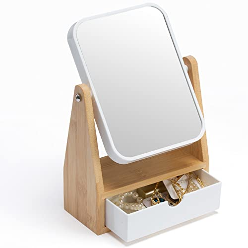 YEAKE Vanity Double Sided Magnifying Makeup Mirror with Storage, Adjustable Natural Bamboo Stand, Portable Desk/Table Mirror, Rectangular - size: 10.2"L x 6.5"W