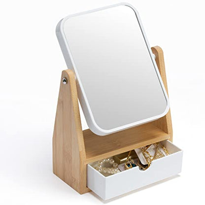 YEAKE Vanity Double Sided Magnifying Makeup Mirror with Storage, Adjustable Natural Bamboo Stand, Portable Desk/Table Mirror, Rectangular - size: 10.2"L x 6.5"W