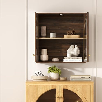 Wall Medicine Cabinet with Arched Acrylic Door, Large Modern Wall Mounted Bathroom Storage with Adjustable Shelf, Wooden Floating Over Toliet Cabinet for Bathroom, Living Room, Brown - color: Brown