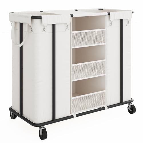 WOWLIVE Laundry Sorter 2 Section, 200L Rolling Laundry Hamper with Wheels | Laundry Cart with Steel Frame, Laundry Basket with Hanging and Removable Bag, Storage Unit Basket Organizer for Dorm, Beige - color: Beige, size: 200L (35.4×16.1×31.5in)