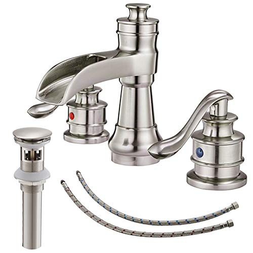 Bathroom Sink Faucet Waterfall 3 Hole or 8 Inch Widespread Tap | Brushed Nickel,Brass,Double Handle,Easy to Clean,Simple Installation,Pop-up Drain,Supply Line,Control of Hot and Cold Water - color: Brushed Nickel