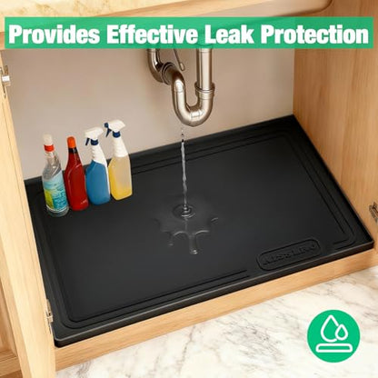 Aisslro Under Sink Mat 25" X 19", Waterproof Silicone Under Sink Mats for Kitchen, Anti-Leak Shelf Liner & Cabinet Protector with Raised Edge, [BPA Free] Bathroom Tray Home Organizer, Black | BPA-Free Raised-Edge Cabinet Protector & Leak Tray for Bathroom