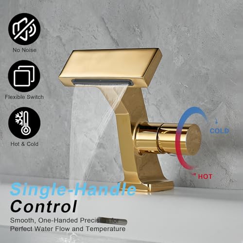 BAKALA Gold Waterfall Bathroom Faucet, Single Hole Brass Sink Faucet for RV and Vanity, Includes 2 Supply Lines - color: Gold