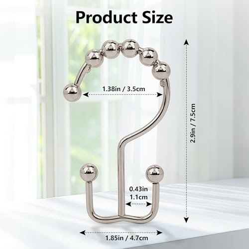 Resze 12 Pcs Shower Curtain Hooks,Metal Double Shower Curtain Rings, Nickel | Glide Roller Shower Hooks, Rust-Resistant Anti-Drop Shower Rings, Smooth Sliding Hooks for Bathroom Shower Rods Curtains - color: Nickel