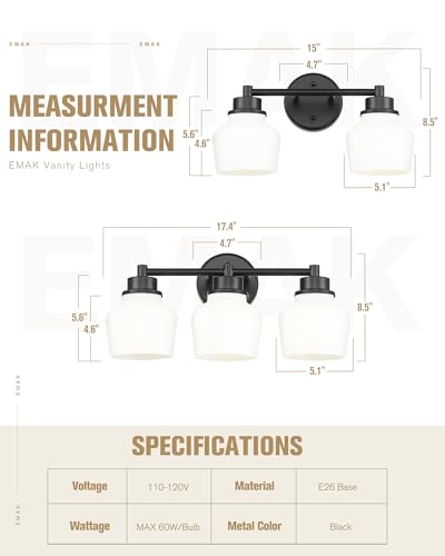 Emak 2-Light Vanity Light, Modern Farmhouse Black Bathroom Fixture Over Mirror With Milk Glass Shade, VL122-BK-ML-2 - color: Black & White Glass, size: 2 Light