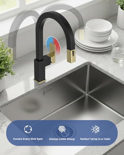 DAYONE Square Kitchen Faucet Black and Gold, Modern Bar Kitchen Sink Faucet with Pull Down Spray 2 Modes, S304 Stainless Steel Single Handle Faucet for Kitchen Sink, with Square Deck Plate - color: Black & Gold