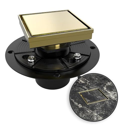 4 Inch Square Shower Drain Gold Floor Drain with Flange Reversible 2-in-1 Cover Tile Insert Grate Removable SUS304 Stainless Steel CUPC Certified Brushed Gold - color: Brushed Gold, size: 4 Inch
