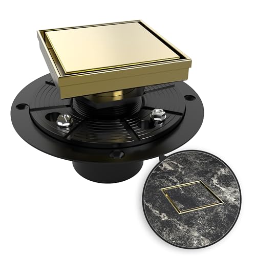 4 Inch Square Shower Drain Gold Floor Drain with Flange Reversible 2-in-1 Cover Tile Insert Grate Removable SUS304 Stainless Steel CUPC Certified Brushed Gold - color: Brushed Gold, size: 4 Inch
