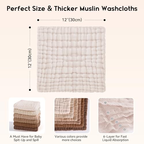 Unnivoll Muslin Burp Cloths Baby 12''X12'', Baby Washcloths 6 Pack, 100% Cotton Baby Wash Cloths Absorbent and Soft for Newborn Infants Kids Boys Girls - Gradient Brown - color: Gradient Brown