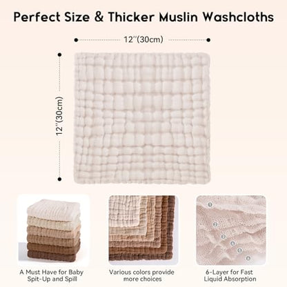 Unnivoll Muslin Burp Cloths Baby 12''X12'', Baby Washcloths 6 Pack, 100% Cotton Baby Wash Cloths Absorbent and Soft for Newborn Infants Kids Boys Girls - Gradient Brown - color: Gradient Brown