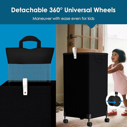 2Pcs Laundry Basket with Wheels 105L, Large Rolling Laundry Hamper with Removable Bag, Metal Frame Collapsible Dirty Clothes Bin, Cloth Organizer Hampers Pull Handle for Bathroom, Dorm, Bedroom Black - color: Black - 2 Pack