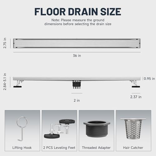 Linear Shower Drain 36 Inch Shower Trench Drain with Tile Insert Grate | Evolvegoods 304 Stainless Steel Bathroom Floor Drain,Rectangular Shower Drain with Leveling Feet,Hair Strainer,Brushed Nickel - size: 36 Inches