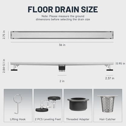 Linear Shower Drain 36 Inch Shower Trench Drain with Tile Insert Grate | Evolvegoods 304 Stainless Steel Bathroom Floor Drain,Rectangular Shower Drain with Leveling Feet,Hair Strainer,Brushed Nickel - size: 36 Inches