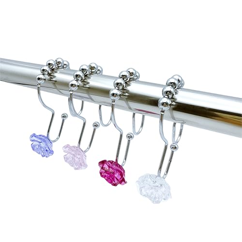 12pcs Rose Shower Curtain Hooks Rings, Double Glide Shower Curtain Rings Stainless Steel Rustproof Home Decor Accessories