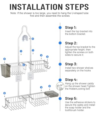 Adjustable Shower Caddy Hanging for Handheld Showerheads - Never Rust Shower Hanging Organizer, Upgraded Bathroom Shower Rack with Soap Basket, Hooks and Toothbrush Holder (Silver) - color: Silver