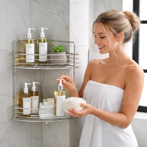 2-Tier Floor Standing Shower Caddy - Stainless Steel Bathroom Organizer Includes Screws and Anchors - Large Freestanding or Wall-Mounted Caddy - Silver - style: TRIANGLE 2-LAYER