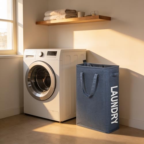 Narrow Laundry Hamper, Skinny Laundry Basket, 45L Blue, 21" | Slim Laundry hamper for Small Spaces laundry bag with handle, Foldable clothes hampers for laundry basket organizer - color: Denim Blue