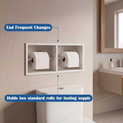 Recessed Dual Roll Toilet Paper Holder 304 Stainless Steel Hidden in-wall with Storage Durable Tissue Roll Holder Heavy Duty Space Saving Design for Modern Bathrooms and Remodel (White) - color: White