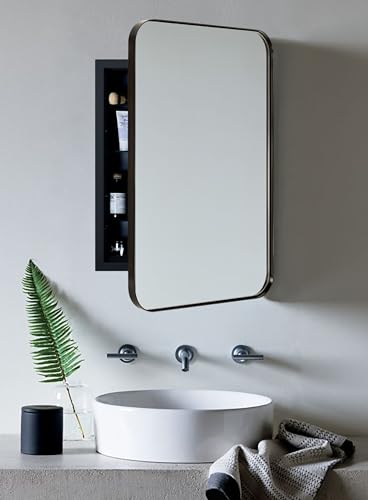 Oil Rubbed Bronze Rectangle Recessed Bathroom Medicine Cabinet with Mirror Stainless Steel Dark Bronze Metal Framed Rounded Rectangular Bathroom Cabinet with Mirror 16x24'' - color: Oil Rubbed Bronze, size: 16'' x 24''