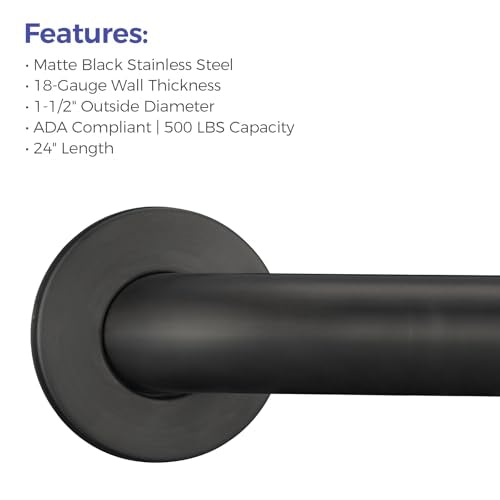 Stardrix 24-Inch ADA Compliant Grab Bar, 1.5" Diameter, Concealed Mounting Flanges, Handicap Friendly, Commercial & Residential Bathrooms, Matte Black Stainless Steel - color: Matte Black, size: 24"