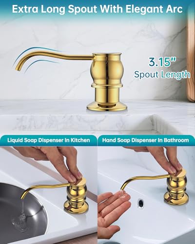 Built in Deck Mount Liquid Lotion Kitchen Countertop Metal Soap Dispenser, Gold Brass Dispenser Pump with 500ml (17oz) High Capacity Bottle - color: Gold, size: Without Hose